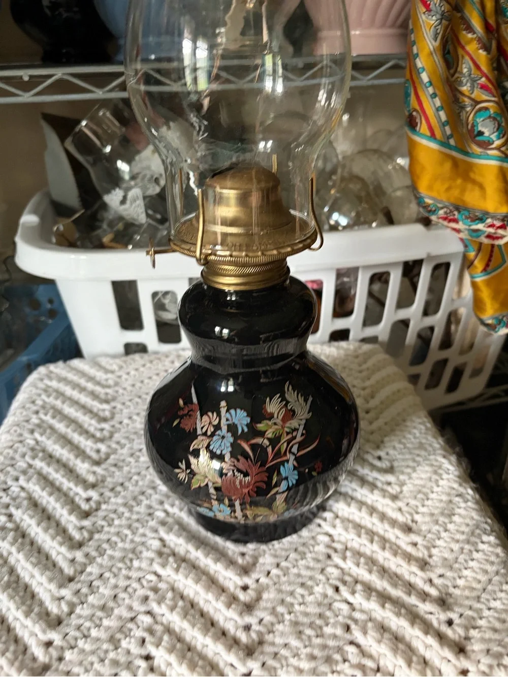 Vintage Kadaan Black Floral Oil Lamp with Chimney